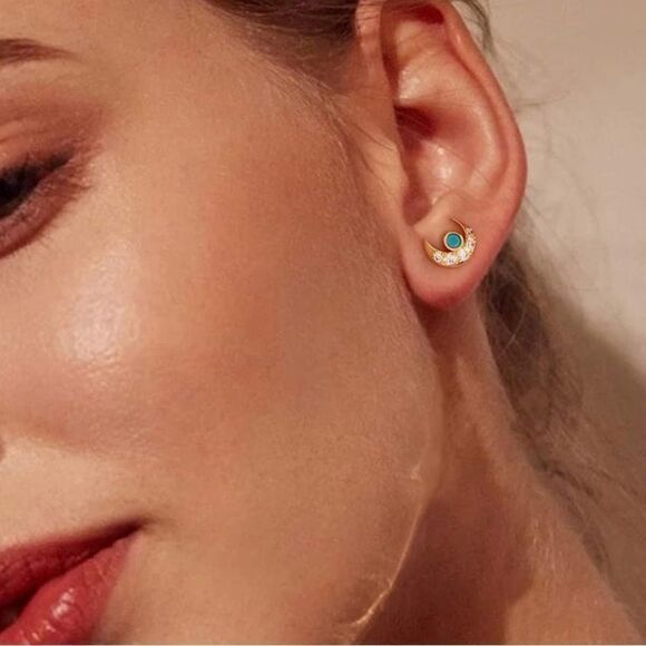Jewelry - Gold 14k Gold Plated Cubic Zirconia Turquoise Stud Earrings